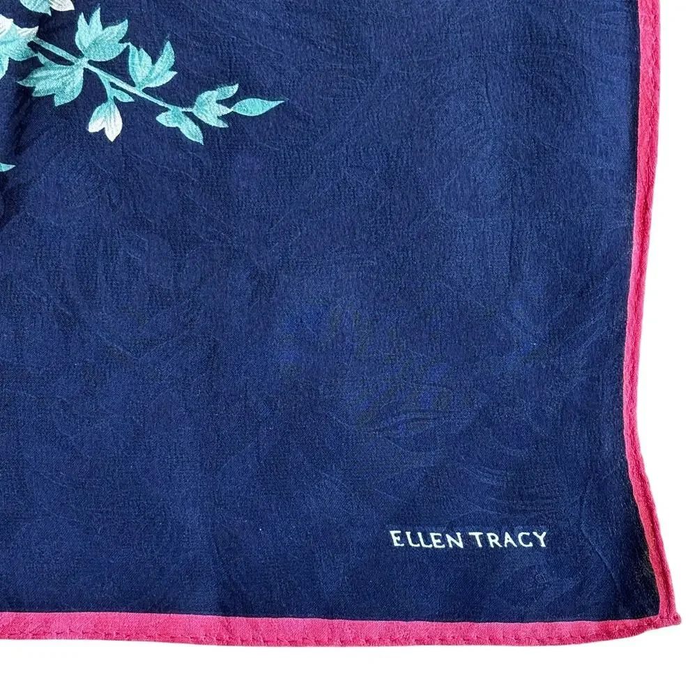 Vintage Ellen Tracy Silk brocade floral scarf blue pink green flowers square
